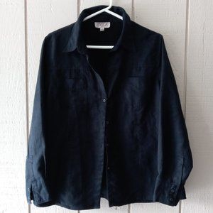 ladies washable suede/polyester shirt, size L, navy, 2 front pockets, new